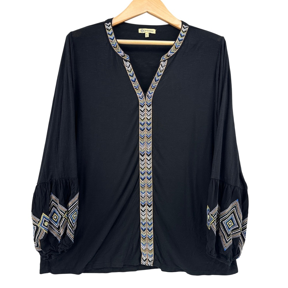 Democracy Black Knit Top Embroidered Split Neck Long Sleeve Boho Folk Womens XL